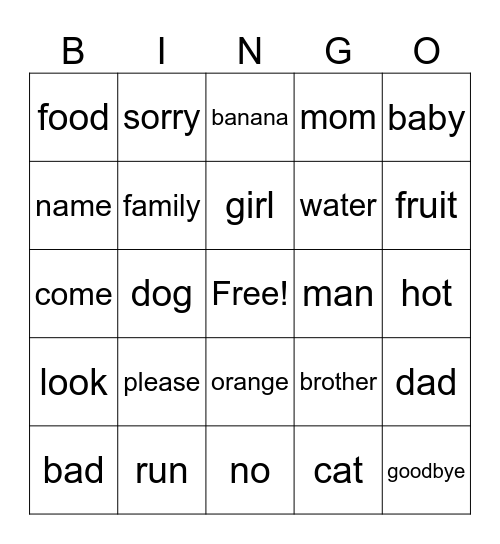 English Vocabulary Words! Bingo Card
