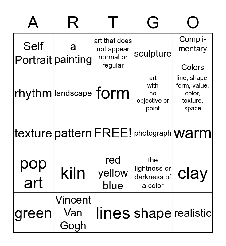 Art Assessment Bingo Card