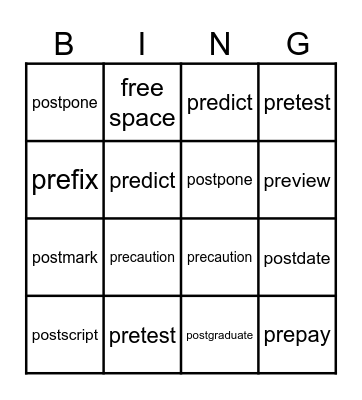 Pre/Post Vocabulary List Bingo Card