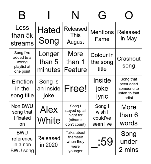 My Playlist Bingo Card