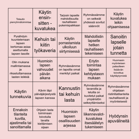 Bingo pedagogiikan tsekkauslistan pohjalta Bingo Card