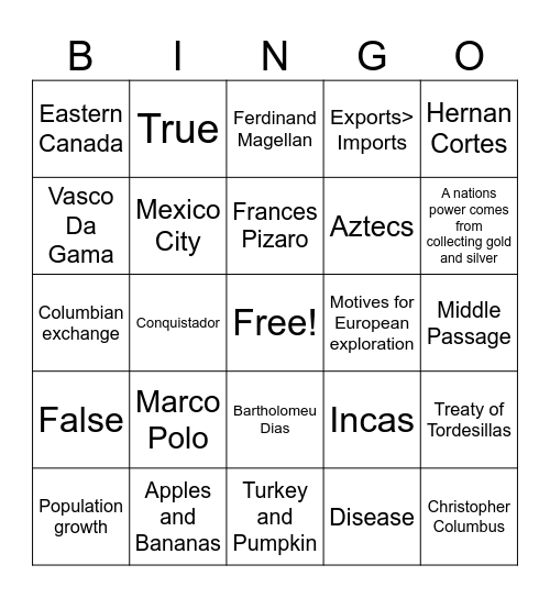 Age of Exploration Bingo Card