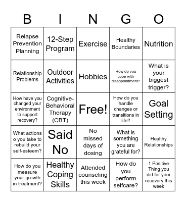 Recovery Bingo Card