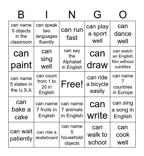 Can/Can't BINGO Card