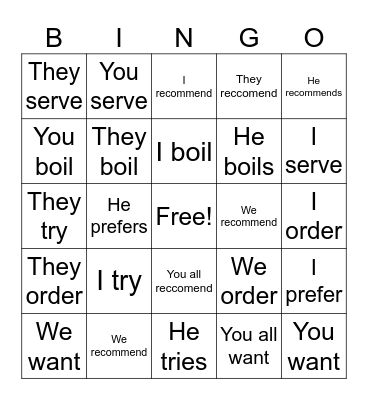 Stem changing verbs Bingo Card