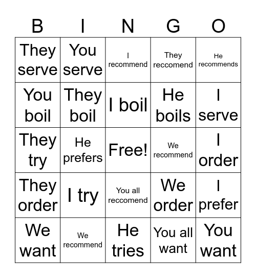 Stem changing verbs Bingo Card