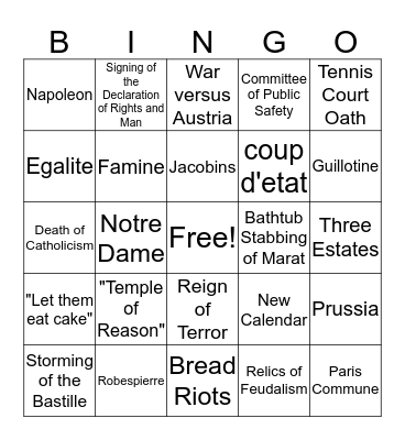 French Revolution Bingo Card