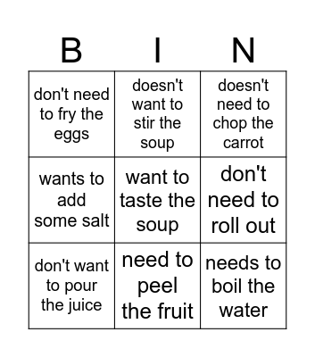 cooking Bingo Card