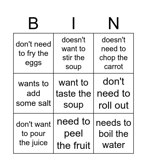 cooking Bingo Card