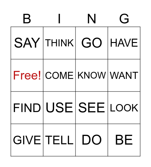 BINGO OF VERBS Bingo Card