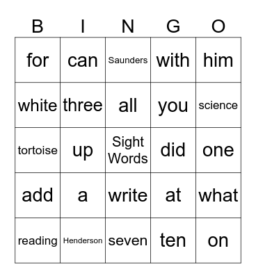 Sight Words Bingo Card