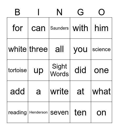 Sight Words Bingo Card