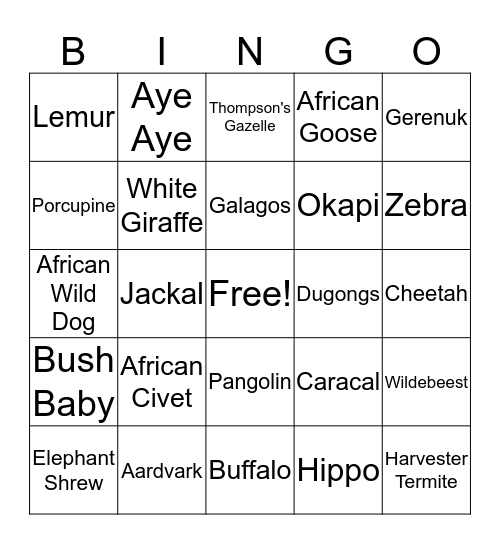African Animal BINGO Card