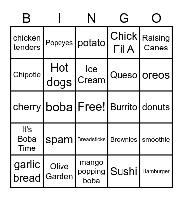 fast food Bingo Card