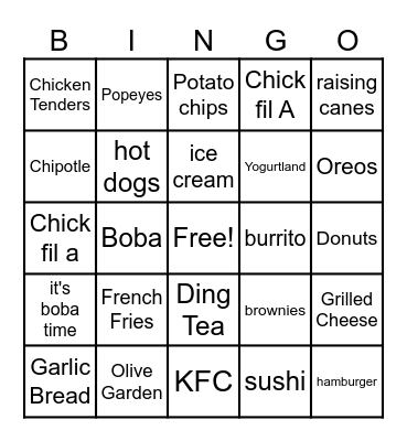 fast food Bingo Card