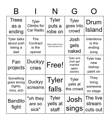 TWENTY ONE PILOTS OPEN NIGHT Bingo Card