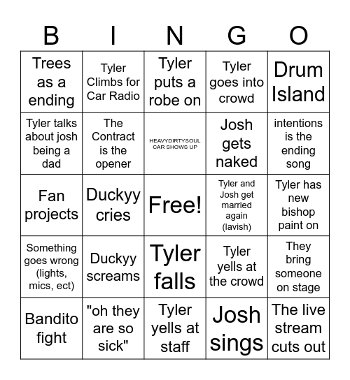 TWENTY ONE PILOTS OPEN NIGHT Bingo Card
