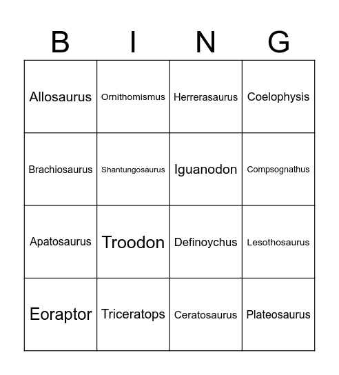 Dinosaur Bingo Card