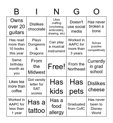 AAPC Get To Know You Bingo Card