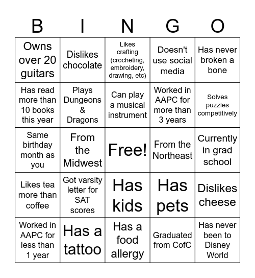 AAPC Get To Know You Bingo Card
