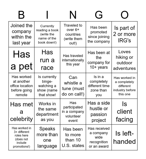 Career & Conversations Bingo Card
