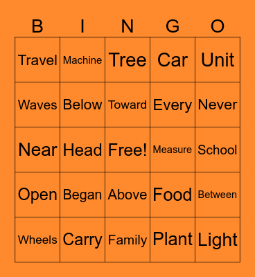 Sight Words Bingo Card