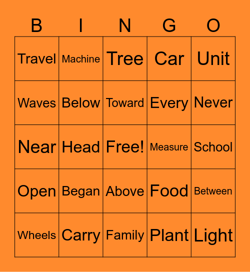 Sight Words Bingo Card