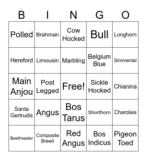 Cattle Breeds Bingo Card