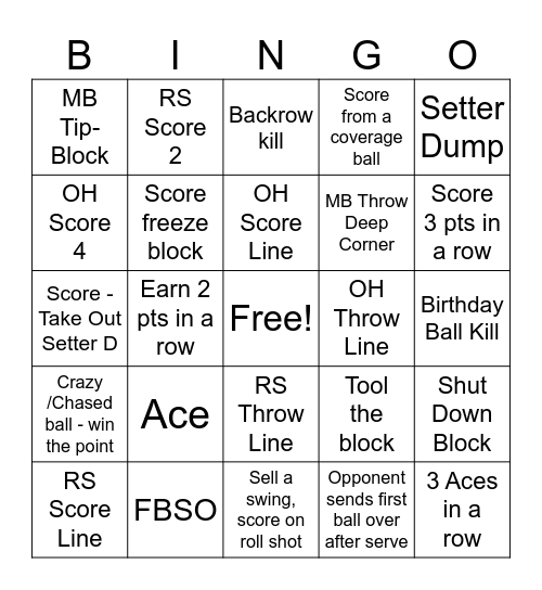 Volleyball Bingo Card