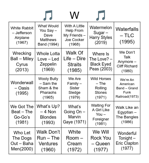 TOP SONGS THAT START WITH THE LETTER "W" Bingo Card