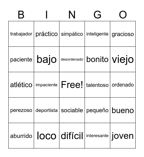 Spanish Adjectives Bingo Card