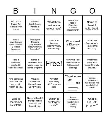 Diversity Bingo Card