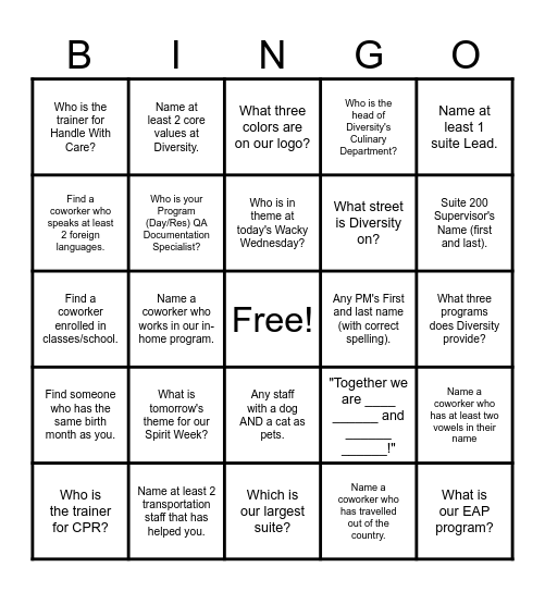 Diversity Bingo Card