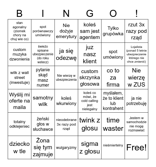 Cold Calling bingo Card