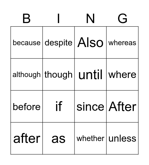 Subordinating Conjunction BINGO Card