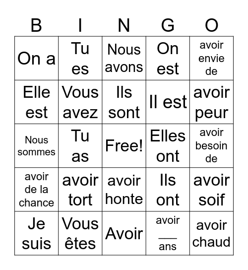 Expressions avec "avoir" Bingo Card