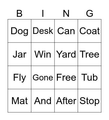 sight words Bingo Card