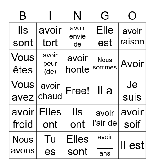 Expressions avec "avoir" Bingo Card