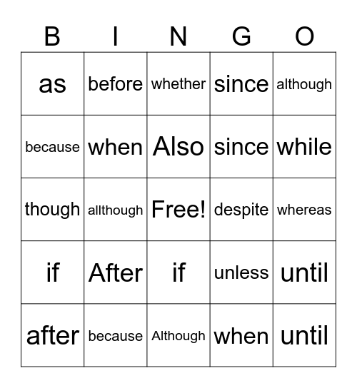 Subordinating Conjunction BINGO Card