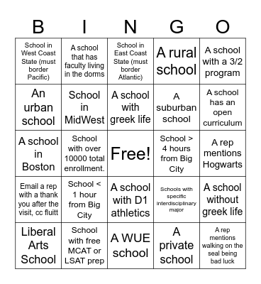 College Visit BINGO Card