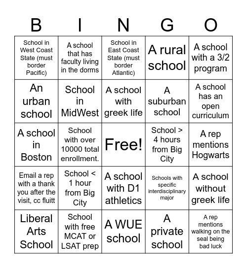 College Visit BINGO Card