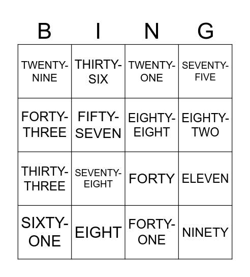 NUMBERS Bingo Card