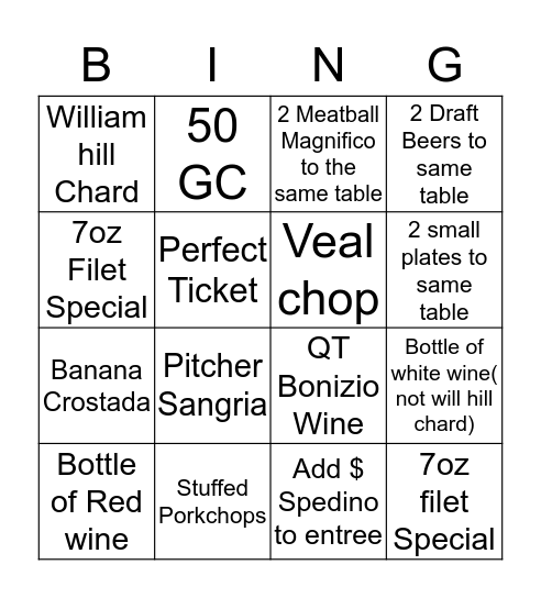 Carrabbas Bingo Card