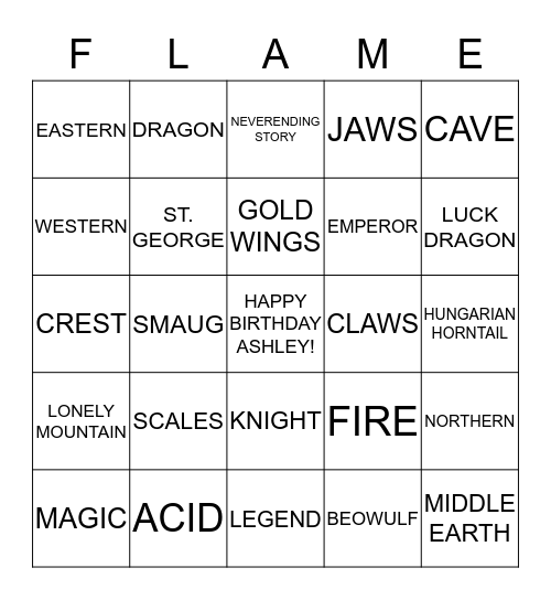 Dragons Bingo Card