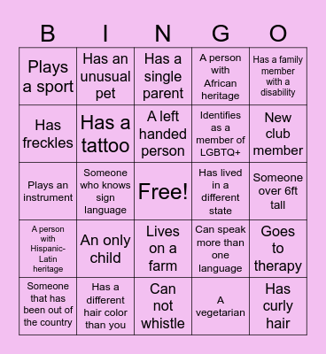 Diversity Club Bingo Card