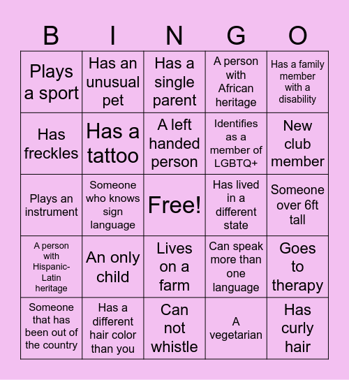 Diversity Club Bingo Card