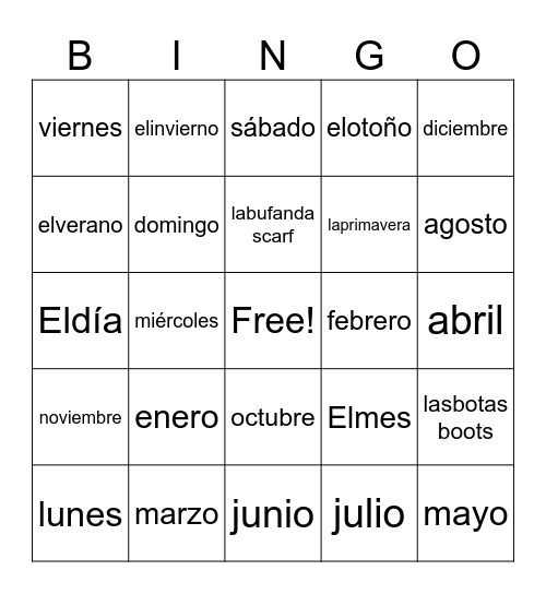 Days Months Seasons Bingo Card