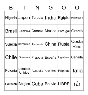 Países del mundo Bingo Card