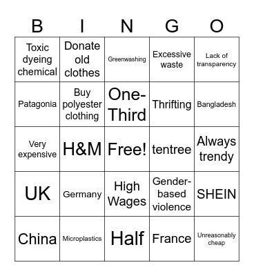 Fast Fashion Bingo Card