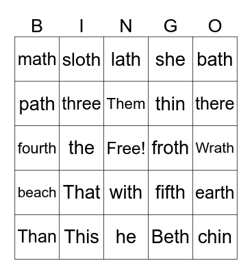 Digraph TH Bingo Card